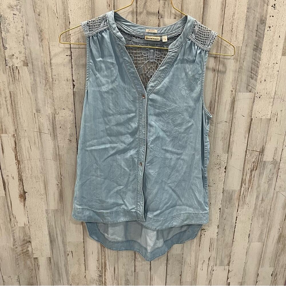 Holding Horses chambray crochet lace back vest sleeveless button front size 0